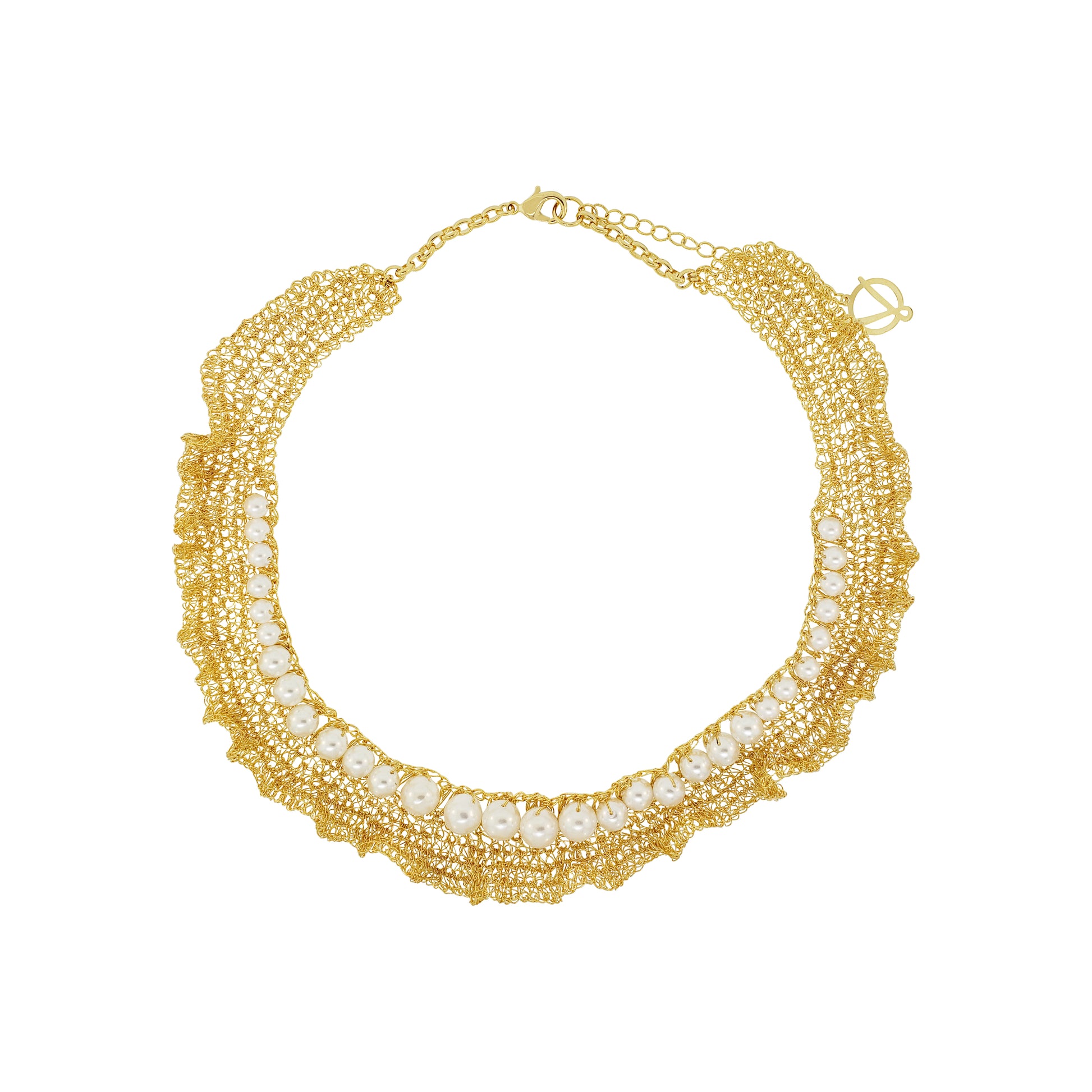 Pearl and gold statement jewelry set featuring a handcrafted gold crochet necklace with white pearls and matching pearl stud earrings handmade-crochet-necklace-with-unique-design-18k-gold-filled-wire-hypoallergenic-lightweight-statement