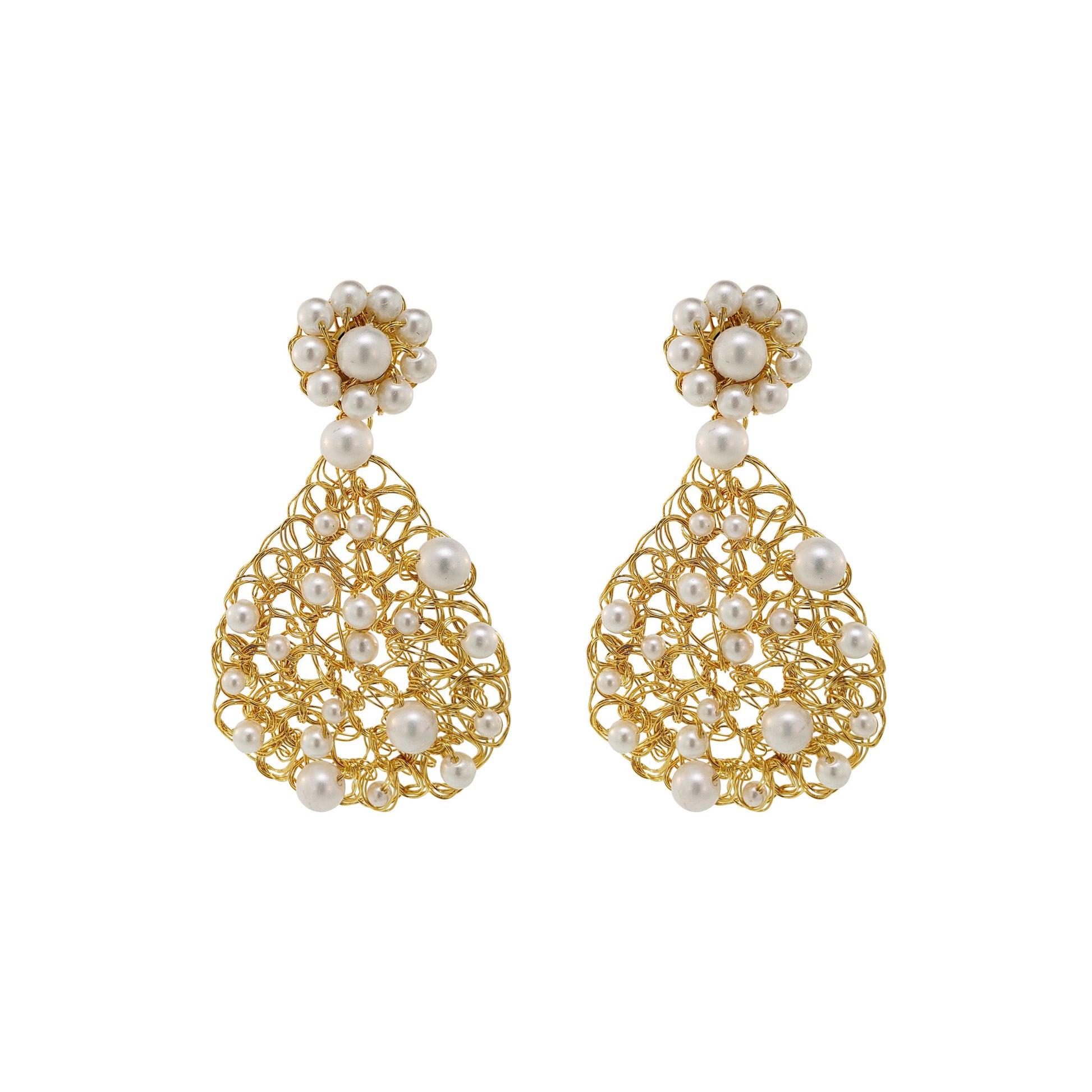 A pair of hand-crocheted mesh earrings with pearl crystals and 18 karat gold filled copper wire, displayed against a white background. Handmade in Brazil, these teardrop mesh earrings feature 18 karat gold filled wire, multicolor crystals, lightweight comfort, and hypoallergenic materials