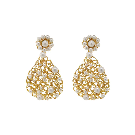 A pair of hand-crocheted mesh earrings with pearl crystals and 18 karat gold filled copper wire, displayed against a white background. Handmade in Brazil, these teardrop mesh earrings feature 18 karat gold filled wire, multicolor crystals, lightweight comfort, and hypoallergenic materials