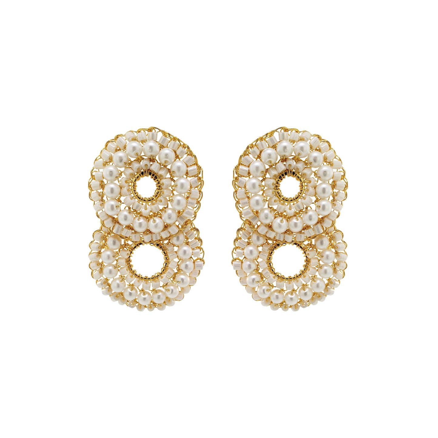 A pair of gold-colored, double-shaped cascade earrings adorned with clear crystals, hand crocheted.