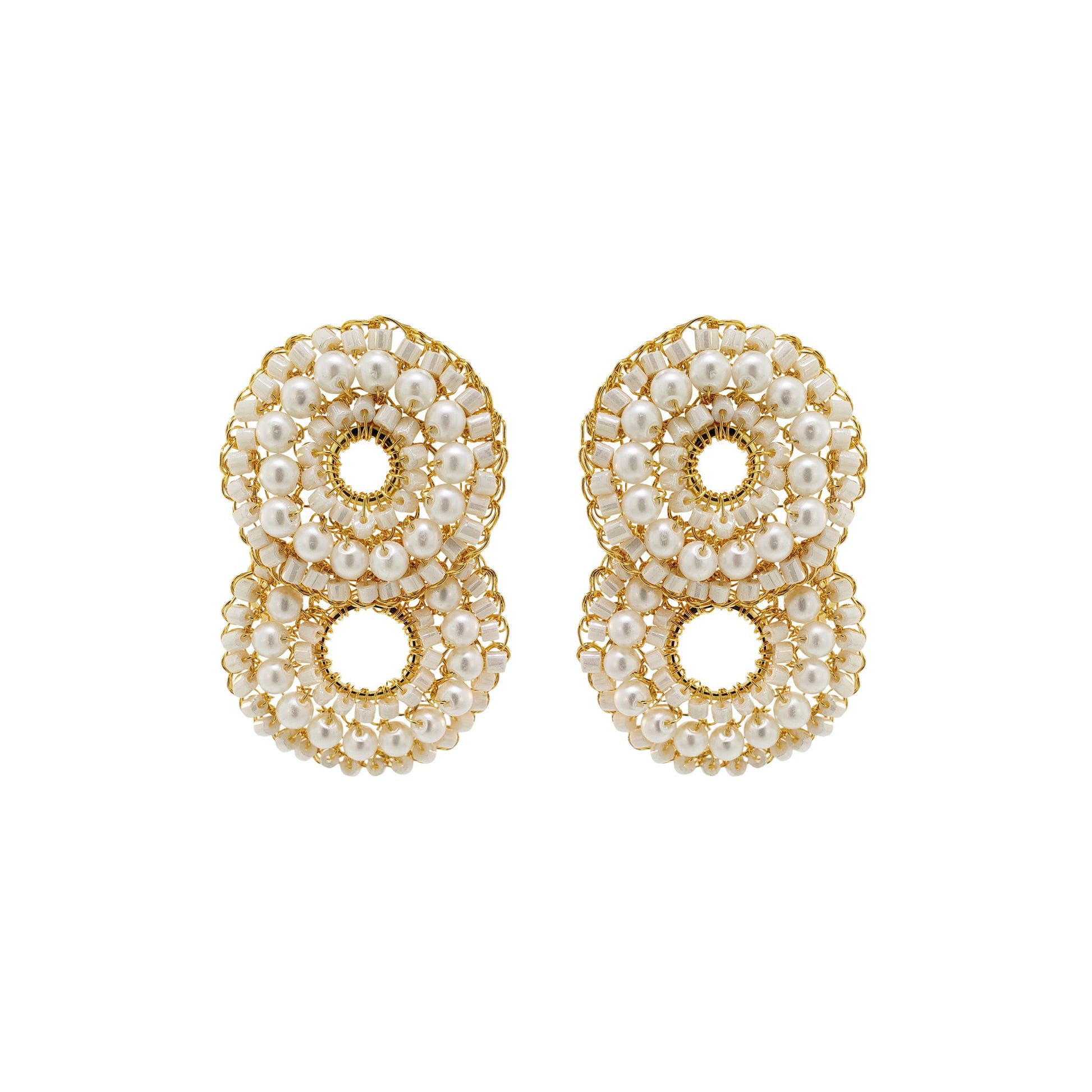 A pair of gold-colored, double-shaped cascade earrings adorned with clear crystals, hand crocheted.