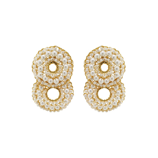 A pair of gold-colored, double-shaped cascade earrings adorned with clear crystals, hand crocheted.