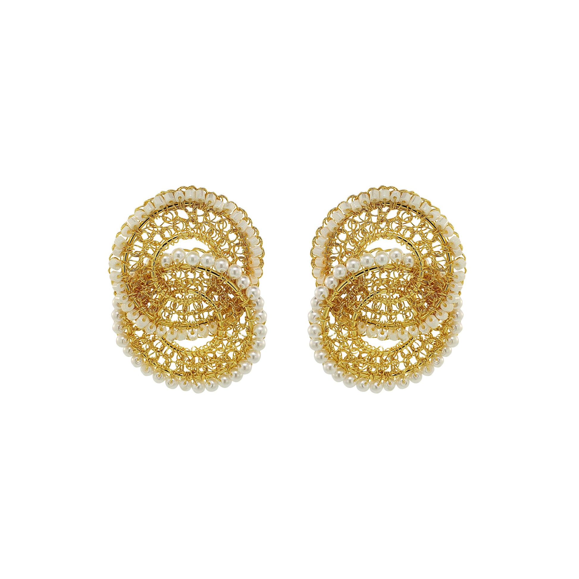 Pearl-gold-handmade-crochet-drop-earrings-Minerva-Duo-style- 18k-gold-filled-wire-lightweight-hypoallergenic