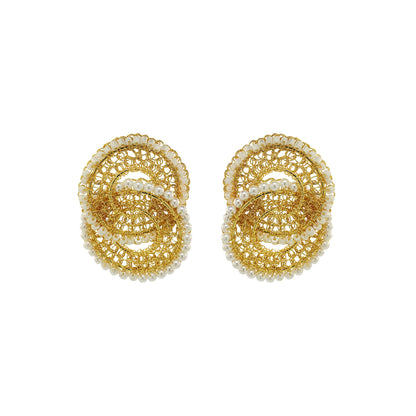 Pearl-gold-handmade-crochet-drop-earrings-Minerva-Duo-style- 18k-gold-filled-wire-lightweight-hypoallergenic