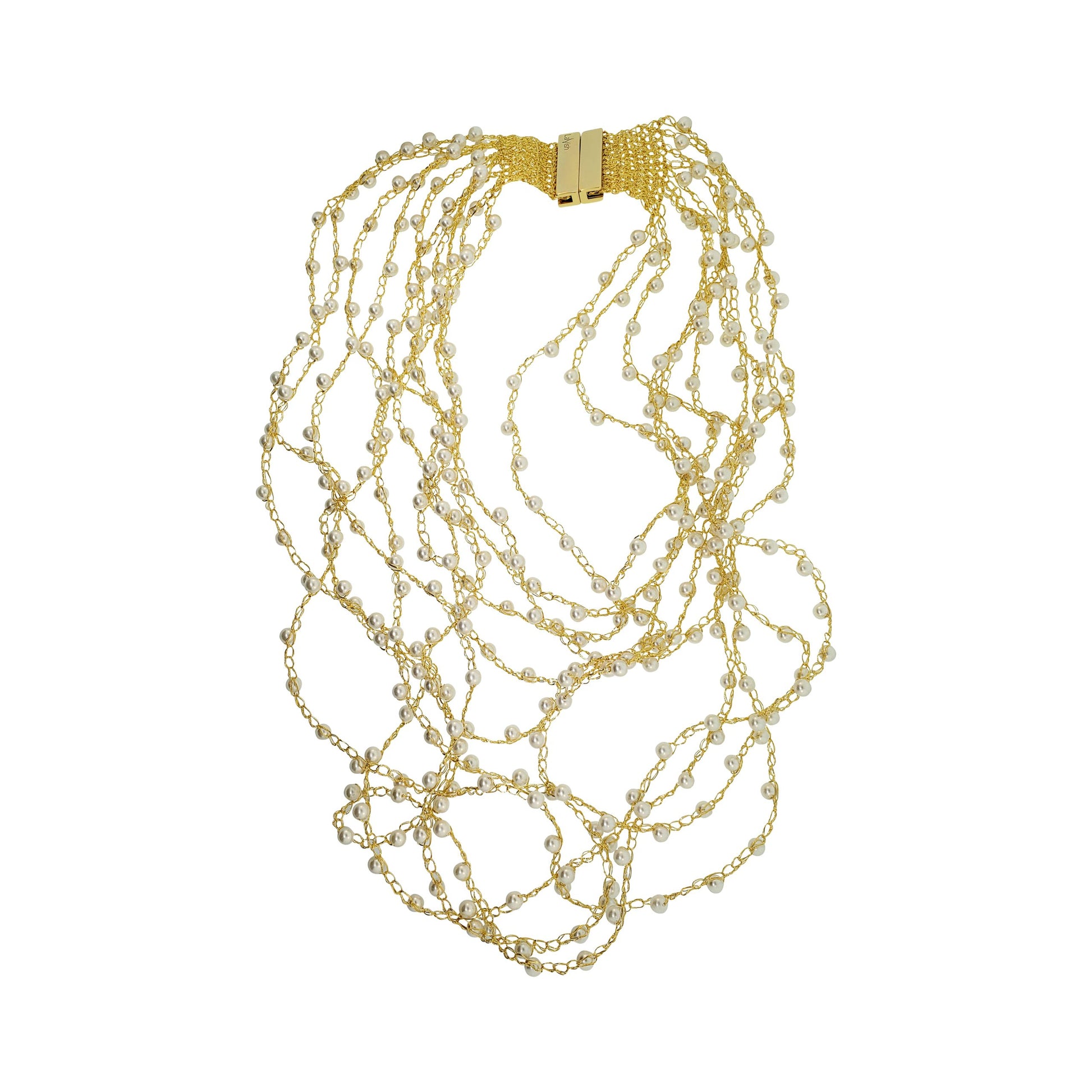 A hand-crocheted multi-string gold necklace with a magnetic clasp, displayed against a white background. Layered multi-string hand-crocheted necklace handmade in Brazil with 18 karat gold filled wire, delicate pearl accents, and a secure magnetic clasp.