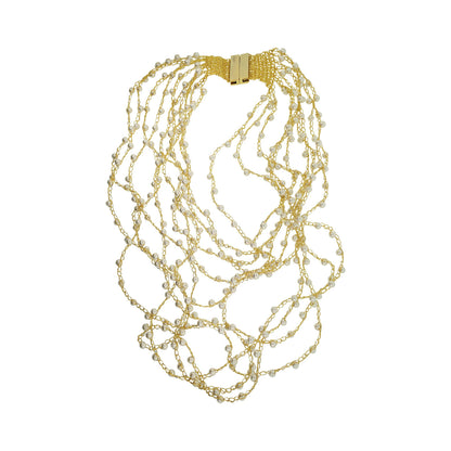 A hand-crocheted multi-string gold necklace with a magnetic clasp, displayed against a white background. Layered multi-string hand-crocheted necklace handmade in Brazil with 18 karat gold filled wire, delicate pearl accents, and a secure magnetic clasp.
