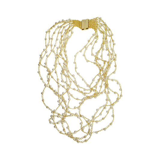 A hand-crocheted multi-string gold necklace with a magnetic clasp, displayed against a white background. Layered multi-string hand-crocheted necklace handmade in Brazil with 18 karat gold filled wire, delicate pearl accents, and a secure magnetic clasp.