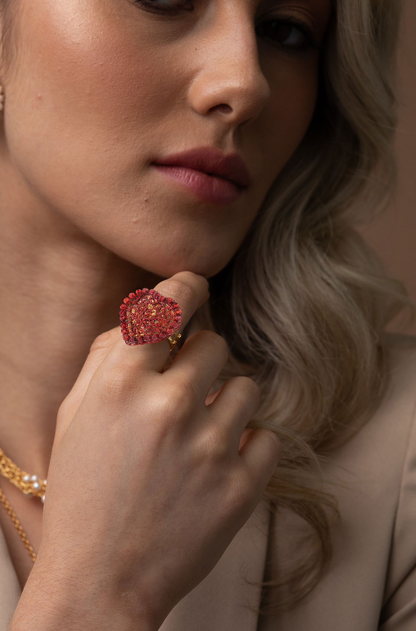 Handmade-Crochet-Red-Velvet-Amour-Ring-Gold-Filled-Artisan-Jewelry