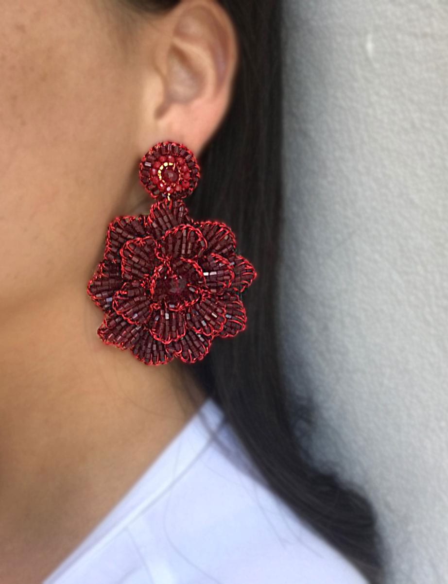 flower-sculptural-handmade-crochet-hoop-earrings-with-ruffled-design-18k-gold-filled-wire-hypoallergenic-lightweight-red-statement-valentines-drop-collection