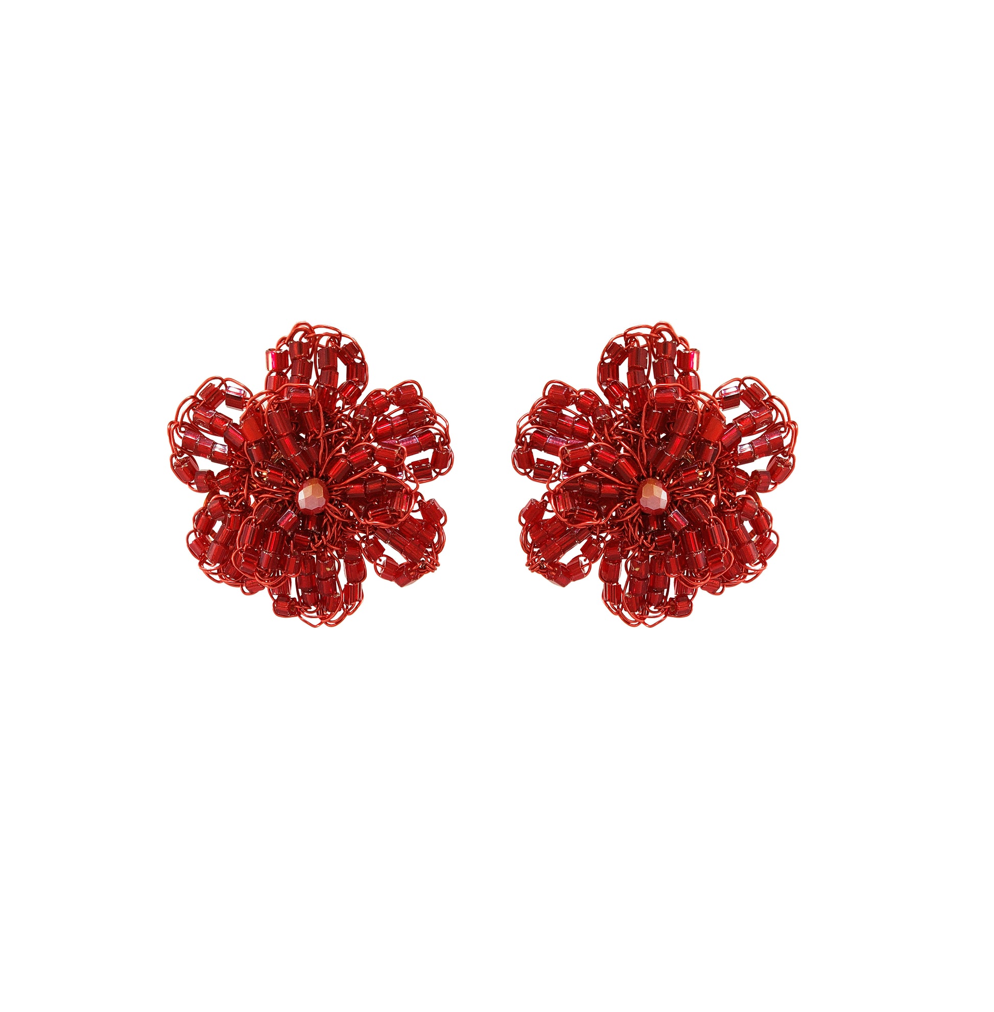 Red hand-crocheted mini flower post earrings with glass beads, crystals, and 18K gold-filled wire.