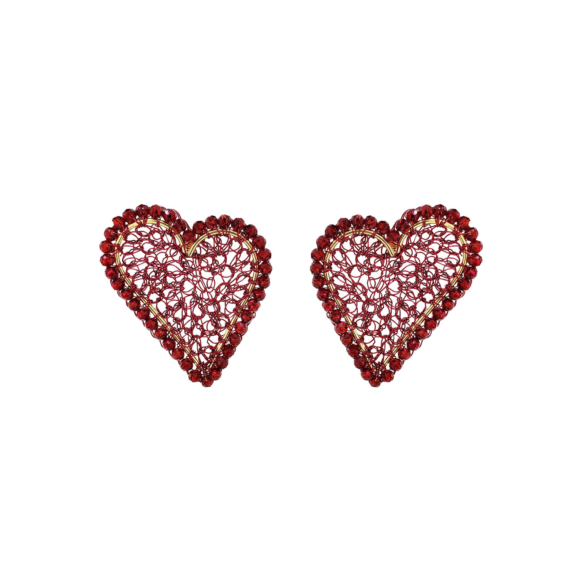 handmade-crochet-heart-shape-earrings-18k-gold-filled-wire-hypoallergenic-lightweight-statement-valentines-drop-collection-red