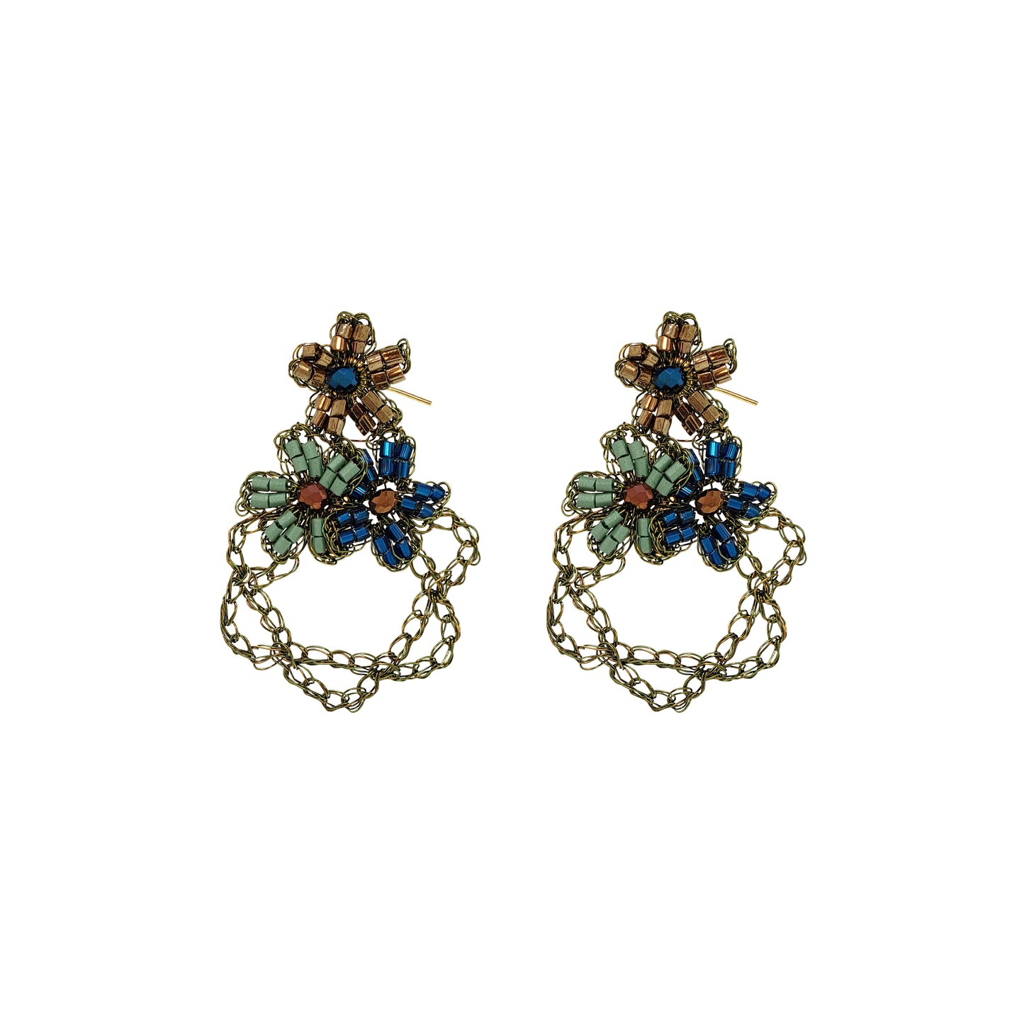 A pair of ornate dangling earrings with antique gold-tone chains and floral clusters of blue, green, and brown rhinestones, shown on a plain white background.  Shop Riviera Mix Aster Trio Earrings, handcrafted in Brazil with floral crochet details, crystals, beads and 18K gold-filled and enameled wire.