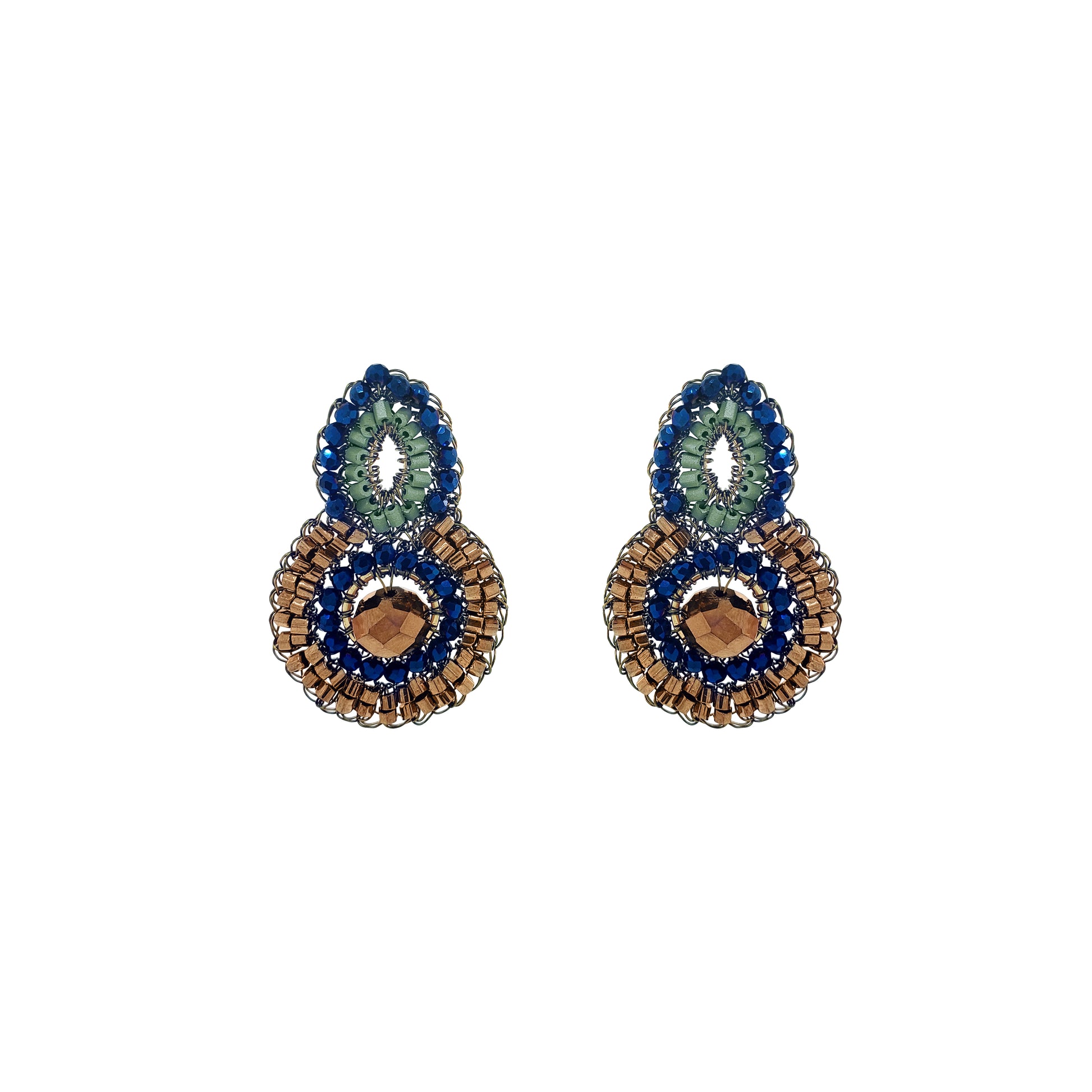 Green quilted cylindrical pouch on a white background. Shop Riviera Mix Billie Trio Earrings, handcrafted in Brazil with 18K gold filled wire, colorful crystals and a faceted center stone. Lightweight and unique.