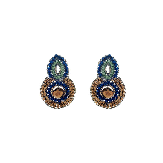 Green quilted cylindrical pouch on a white background. Shop Riviera Mix Billie Trio Earrings, handcrafted in Brazil with 18K gold filled wire, colorful crystals and a faceted center stone. Lightweight and unique.