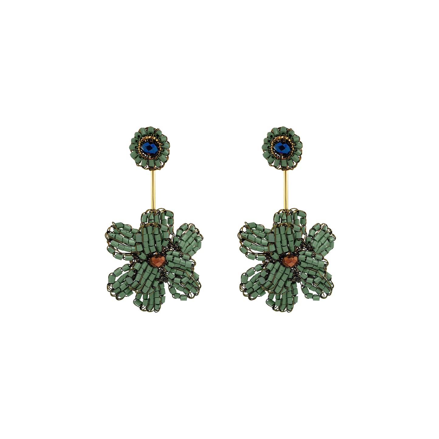 A pair of handmade beaded flower drop earrings featuring textured green petals, a central copper-brown bead, and a blue stone set in a gold-tone circular stud. Shop Riviera Mix Blossom Drop Earrings, handcrafted in Brazil with 18K gold filled and enameled wire. Lightweight floral statement earrings with colorful details.