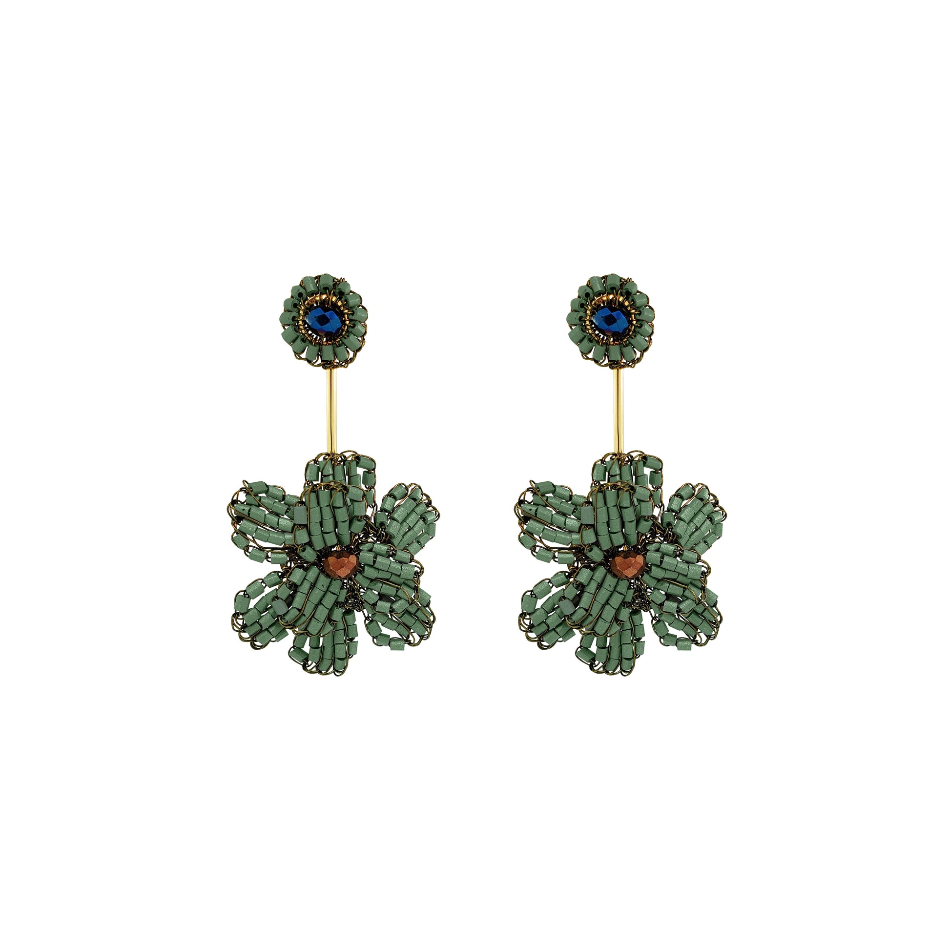 A pair of handmade beaded flower drop earrings featuring textured green petals, a central copper-brown bead, and a blue stone set in a gold-tone circular stud. Shop Riviera Mix Blossom Drop Earrings, handcrafted in Brazil with 18K gold filled and enameled wire. Lightweight floral statement earrings with colorful details.