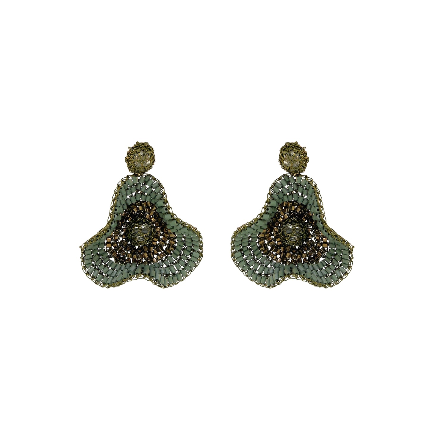 A pair of ornate beaded dangle earrings with a scalloped green and gold design, set against a plain white background. Shop Riviera Mix Buttercup Earrings, handcrafted in Brazil with 18K gold filled and enameled wire. Lightweight floral statement earrings with sage and bronze accents.