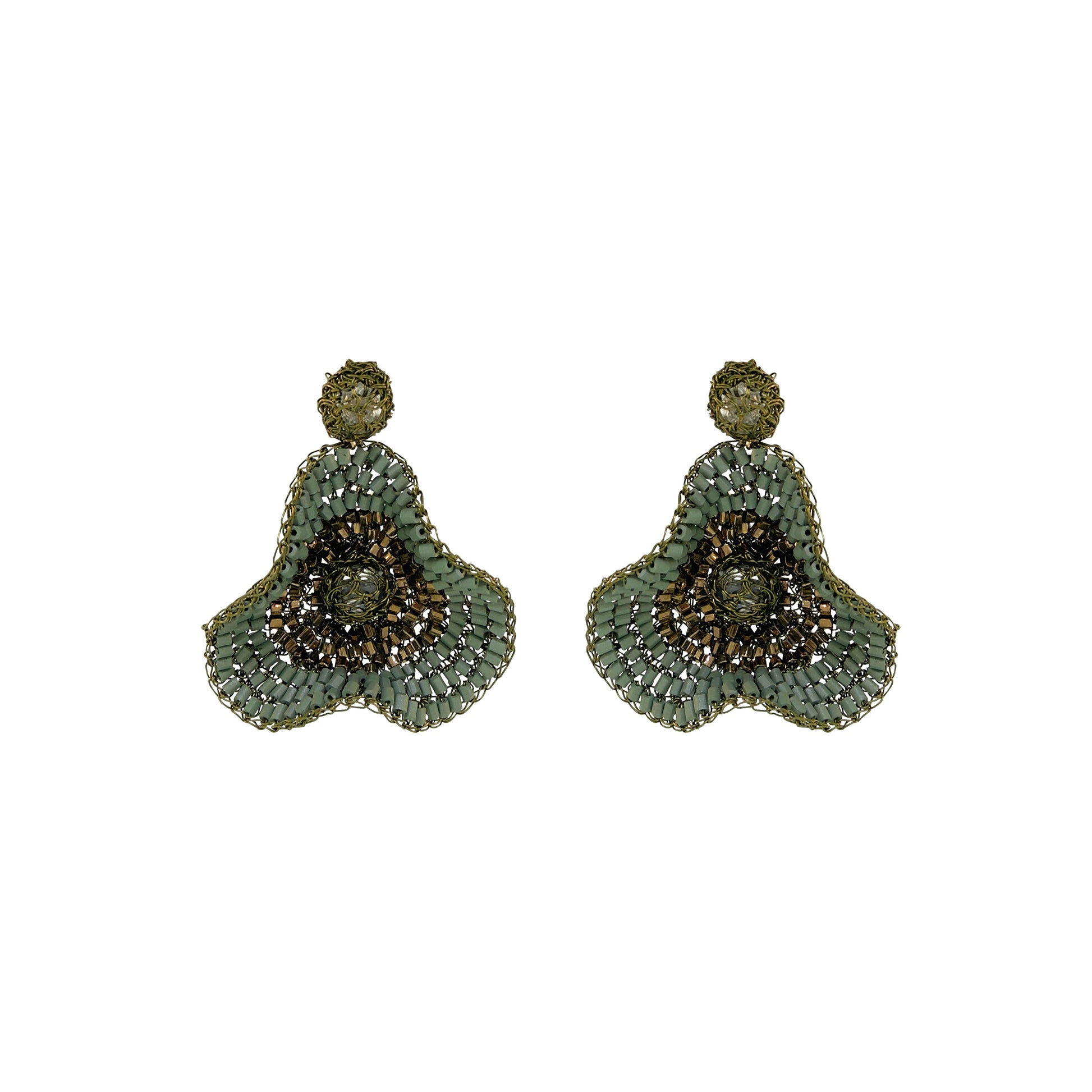 A pair of ornate beaded dangle earrings with a scalloped green and gold design, set against a plain white background. Shop Riviera Mix Buttercup Earrings, handcrafted in Brazil with 18K gold filled and enameled wire. Lightweight floral statement earrings with sage and bronze accents.