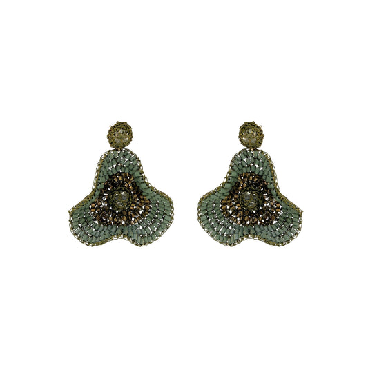 A pair of ornate beaded dangle earrings with a scalloped green and gold design, set against a plain white background. Shop Riviera Mix Buttercup Earrings, handcrafted in Brazil with 18K gold filled and enameled wire. Lightweight floral statement earrings with sage and bronze accents.