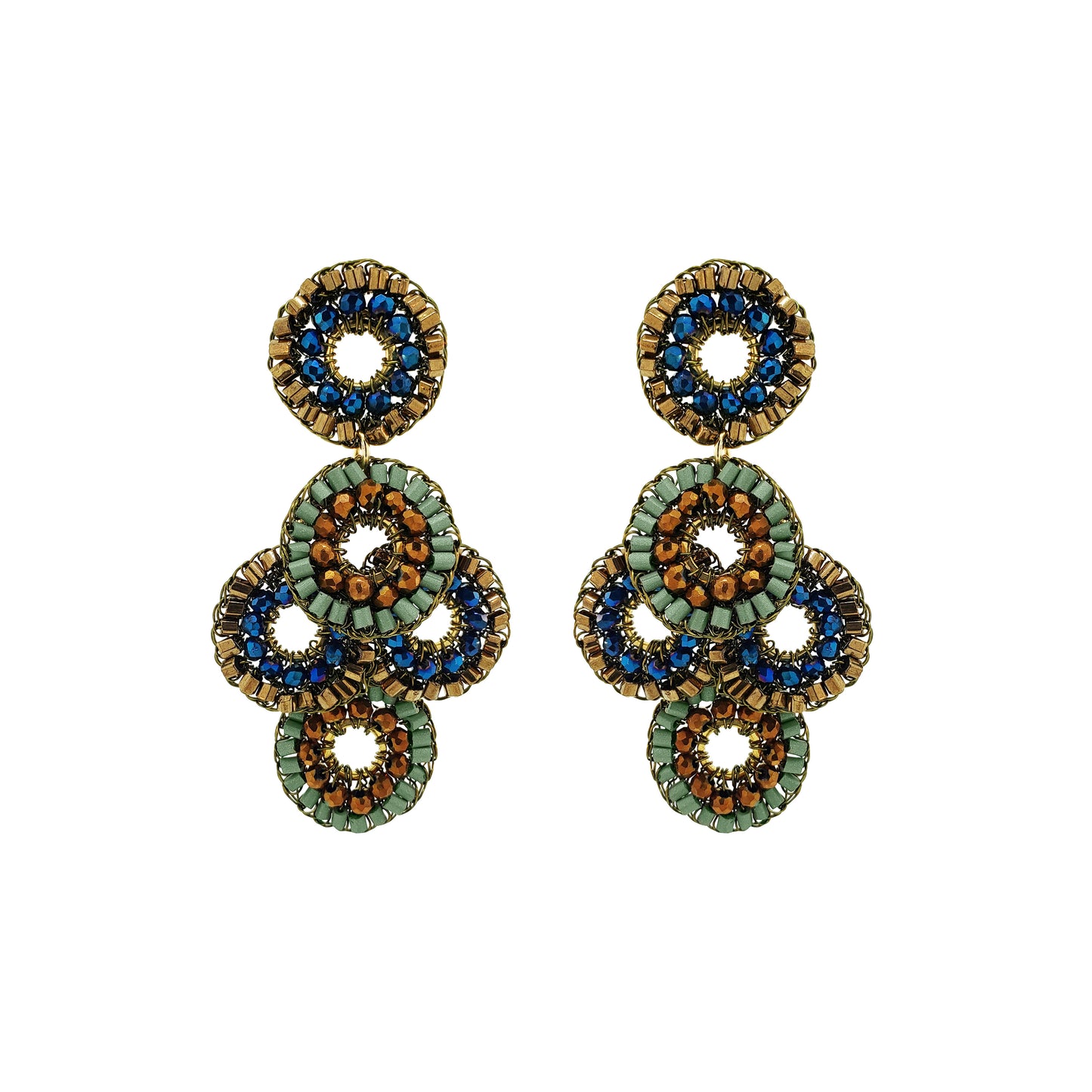 Shop Riviera Mix Coco Earrings, handcrafted in Brazil with 18K gold filled wire and colorful crystal mandalas. Lightweight statement earrings with artisanal detail.
