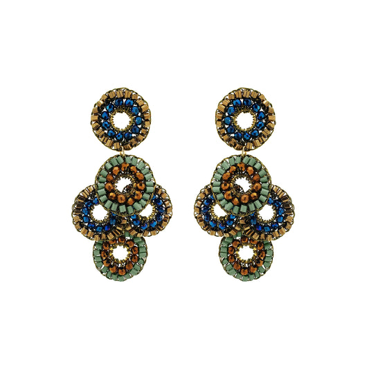 Shop Riviera Mix Coco Earrings, handcrafted in Brazil with 18K gold filled wire and colorful crystal mandalas. Lightweight statement earrings with artisanal detail.