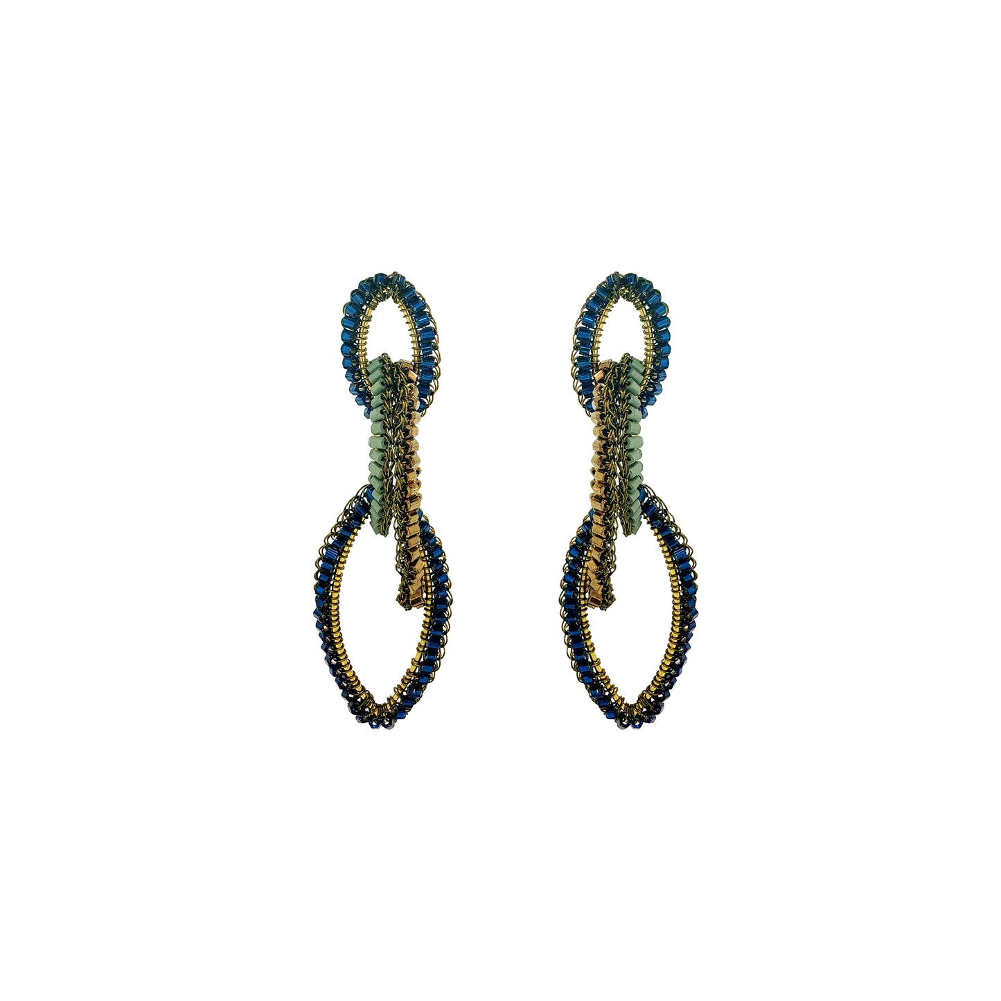 A pair of handmade beaded earrings featuring a double-loop design in navy blue, olive green, and gold, shown against a plain white background. Discover Riviera Mix Demi Earrings, handcrafted in Brazil with 18K gold filled and enameled wire. Lightweight cascading statement earrings with colorful accents.