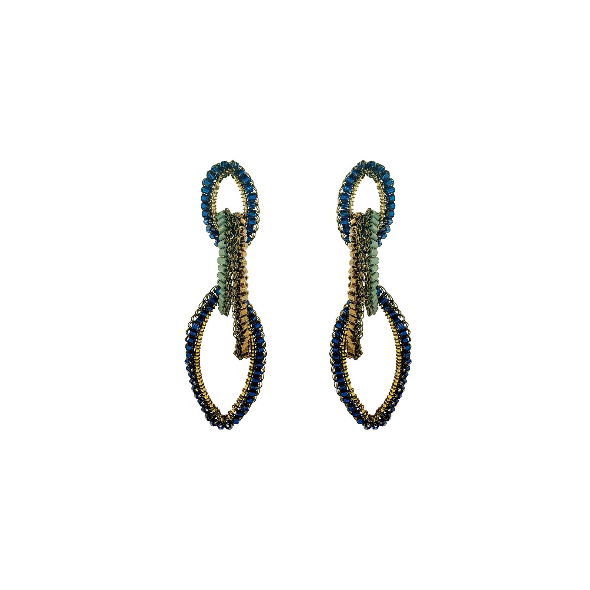 A pair of handmade beaded earrings featuring a double-loop design in navy blue, olive green, and gold, shown against a plain white background. Discover Riviera Mix Demi Earrings, handcrafted in Brazil with 18K gold filled and enameled wire. Lightweight cascading statement earrings with colorful accents.
