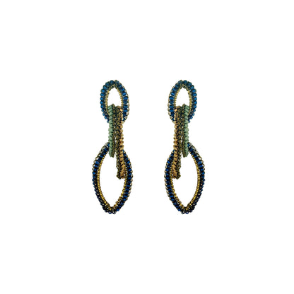 A pair of handmade beaded earrings featuring a double-loop design in navy blue, olive green, and gold, shown against a plain white background. Discover Riviera Mix Demi Earrings, handcrafted in Brazil with 18K gold filled and enameled wire. Lightweight cascading statement earrings with colorful accents.