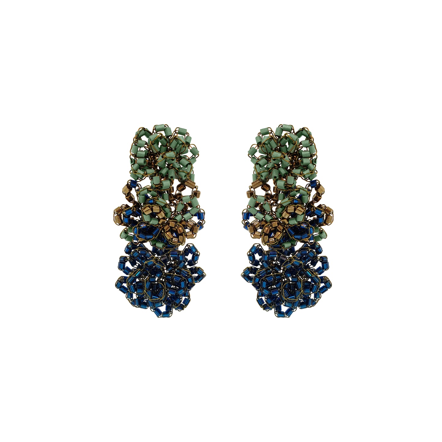 Gold earrings with turquoise stones on a white background. Shop Riviera Mix Drizzle Cascade Earrings, handcrafted in Brazil with 18K gold filled wire and colorful beads. Lightweight, dimensional statement earrings.