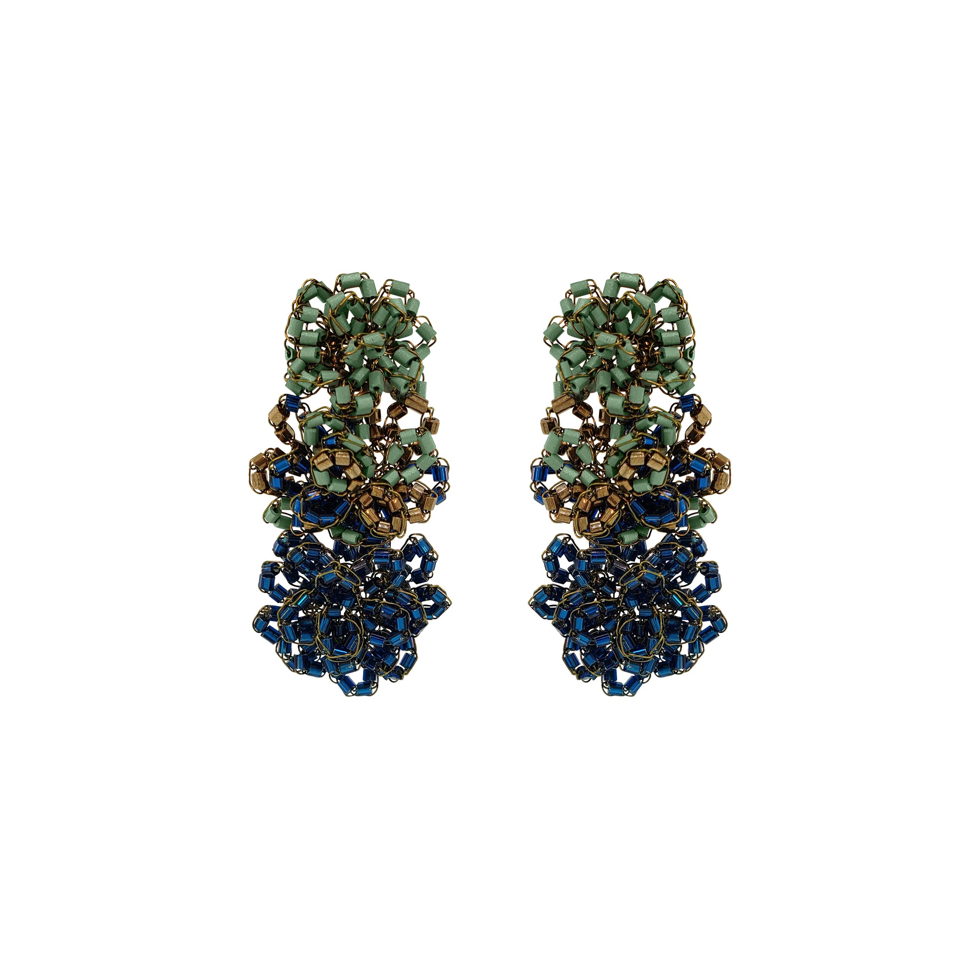 Gold earrings with turquoise stones on a white background. Shop Riviera Mix Drizzle Cascade Earrings, handcrafted in Brazil with 18K gold filled wire and colorful beads. Lightweight, dimensional statement earrings.