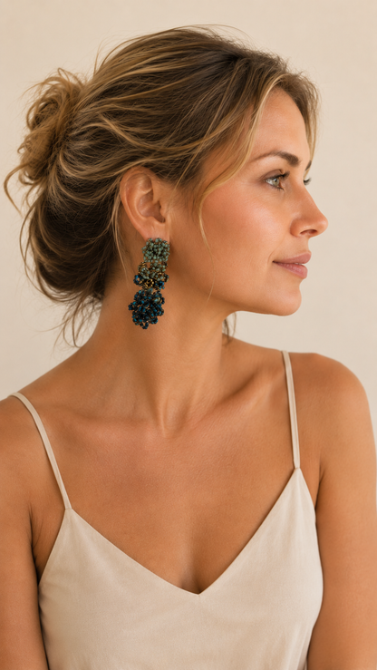 Shop Riviera Mix Drizzle Cascade Earrings, handcrafted in Brazil with 18K gold filled wire and colorful beads. Lightweight, dimensional statement earrings.