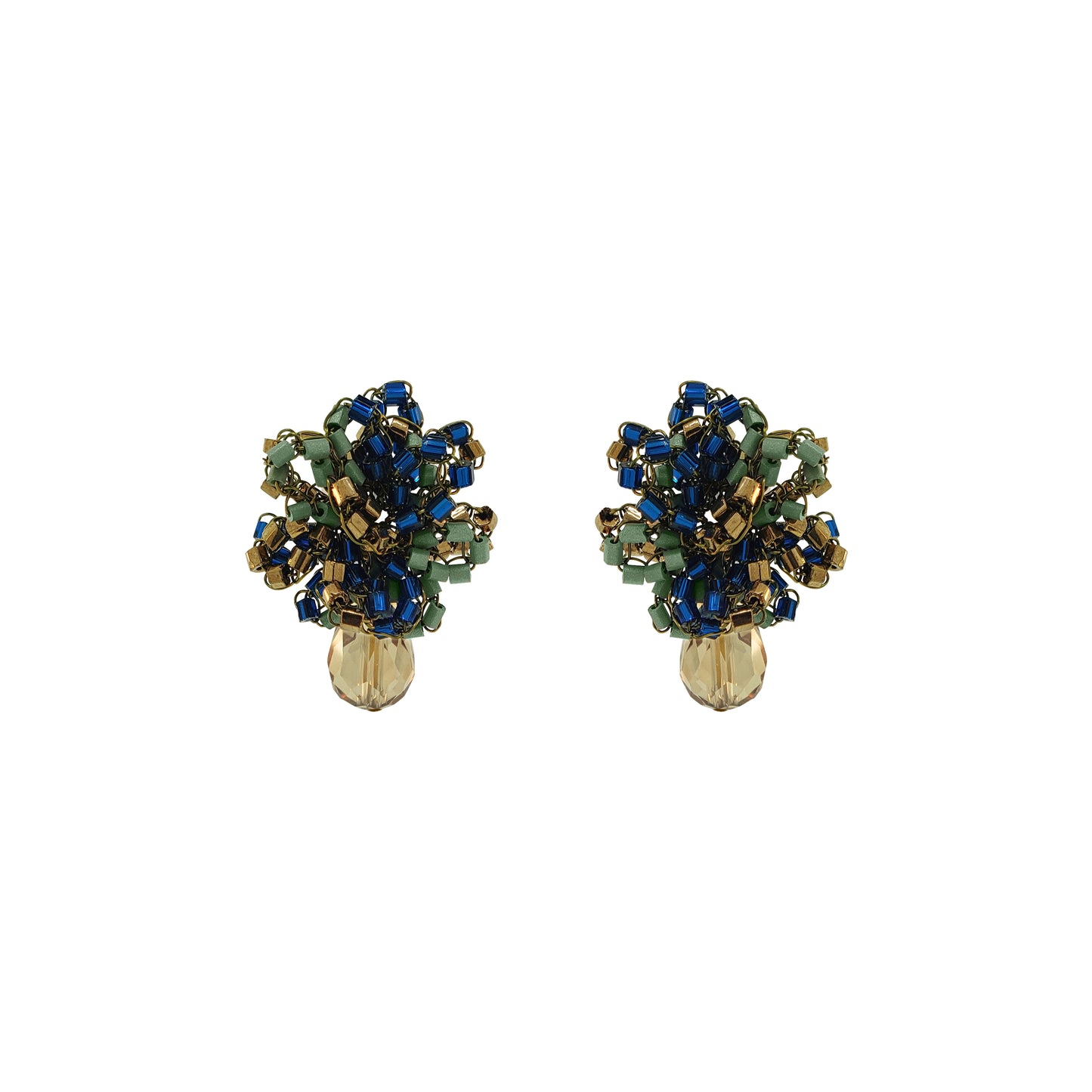 A pair of vintage-style beaded earrings with blue, green, and gold beads, featuring a faceted gold bead at the bottom, shown on a plain white background. Discover Riviera Mix Drizzle Mini Post Earrings, handcrafted in Brazil with 18K gold-filled wire, colorful beads and a sparkling crystal drop.