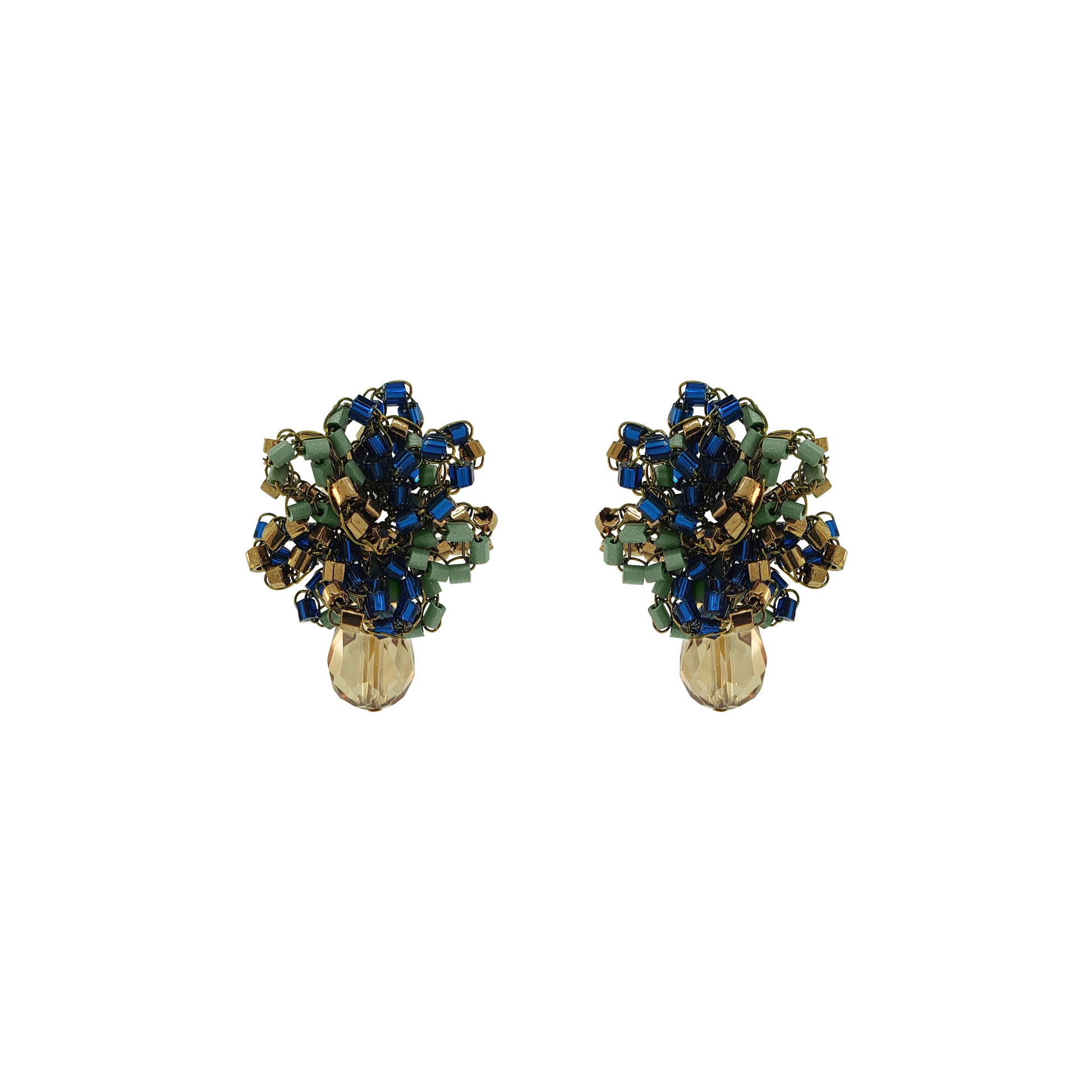 A pair of vintage-style beaded earrings with blue, green, and gold beads, featuring a faceted gold bead at the bottom, shown on a plain white background. Discover Riviera Mix Drizzle Mini Post Earrings, handcrafted in Brazil with 18K gold-filled wire, colorful beads and a sparkling crystal drop.