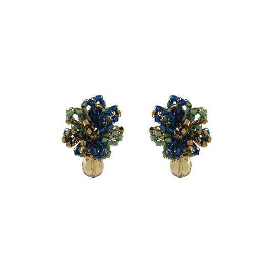 A pair of vintage-style beaded earrings with blue, green, and gold beads, featuring a faceted gold bead at the bottom, shown on a plain white background. Discover Riviera Mix Drizzle Mini Post Earrings, handcrafted in Brazil with 18K gold-filled wire, colorful beads and a sparkling crystal drop.