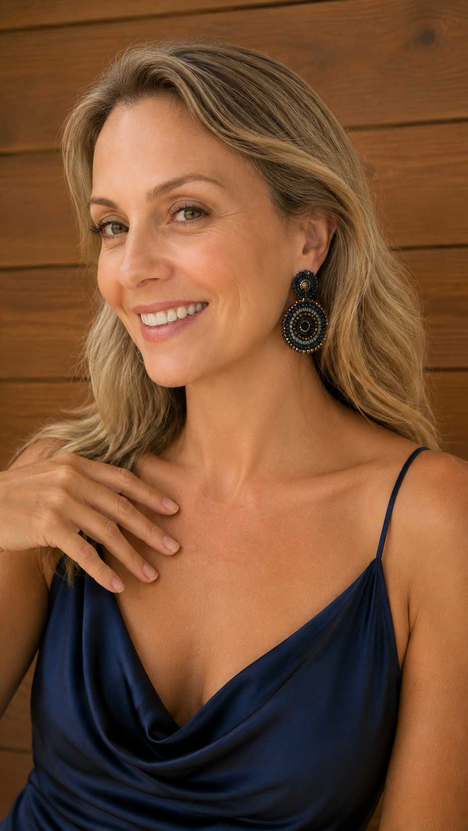 A smiling blonde woman wearing large circular black and gold statement earrings, a navy satin top, and a ring, posed against a warm wood-paneled background. Riviera Mix Gia Duo handmade crochet earrings featuring layered mandala drops in deep blue, sage green and bronze with 18K gold-filled wire.