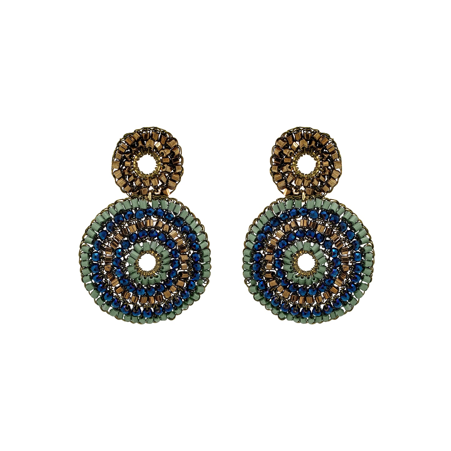 A pair of handmade beaded dangle earrings featuring concentric circular patterns in olive green, navy blue, and metallic gold on a plain white background. Discover Riviera Mix Gia Duo Earrings, hand-crocheted in Brazil with 18K gold-filled wire and shimmering blue, sage green and bronze accents.