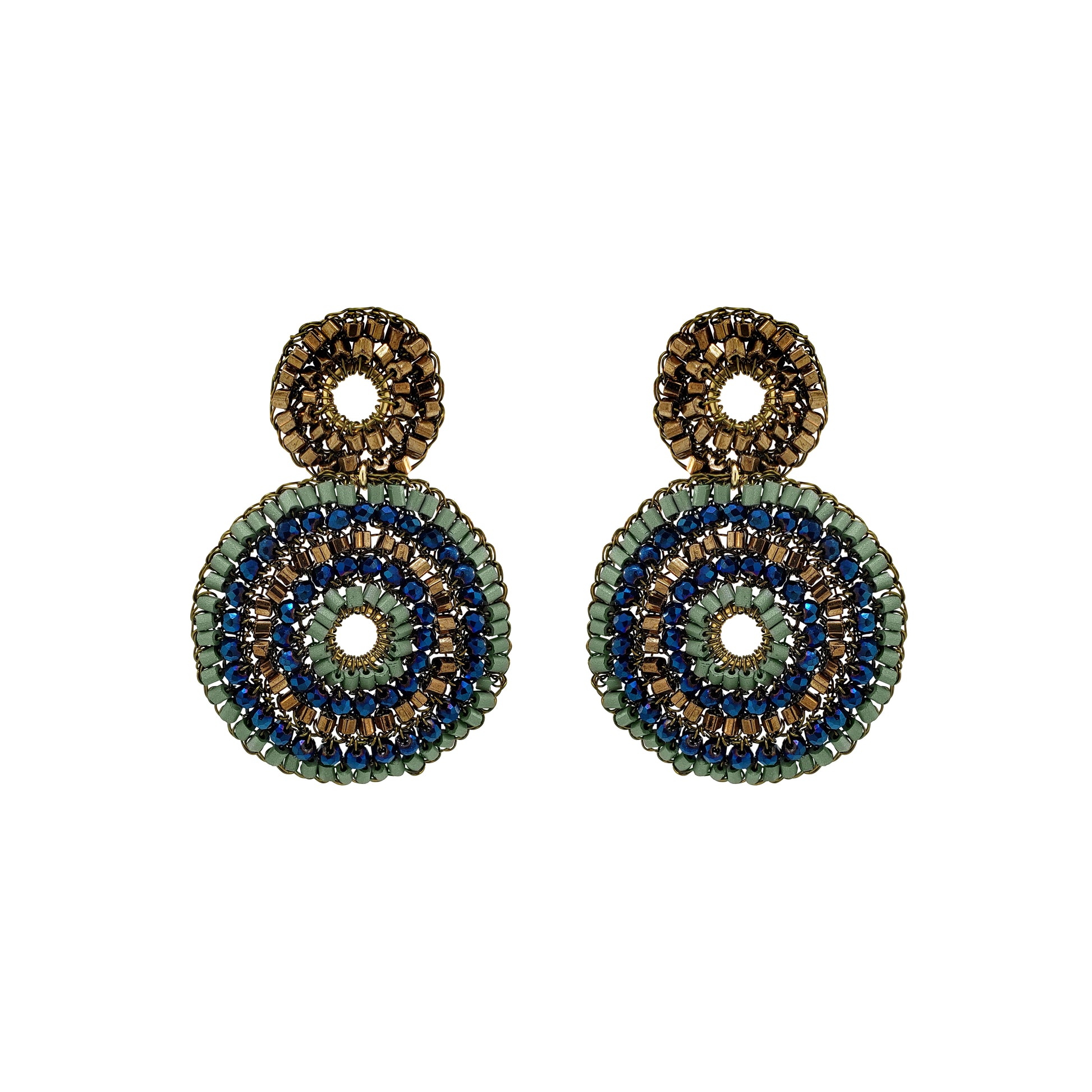 A pair of handmade beaded dangle earrings featuring concentric circular patterns in olive green, navy blue, and metallic gold on a plain white background. Discover Riviera Mix Gia Duo Earrings, hand-crocheted in Brazil with 18K gold-filled wire and shimmering blue, sage green and bronze accents.