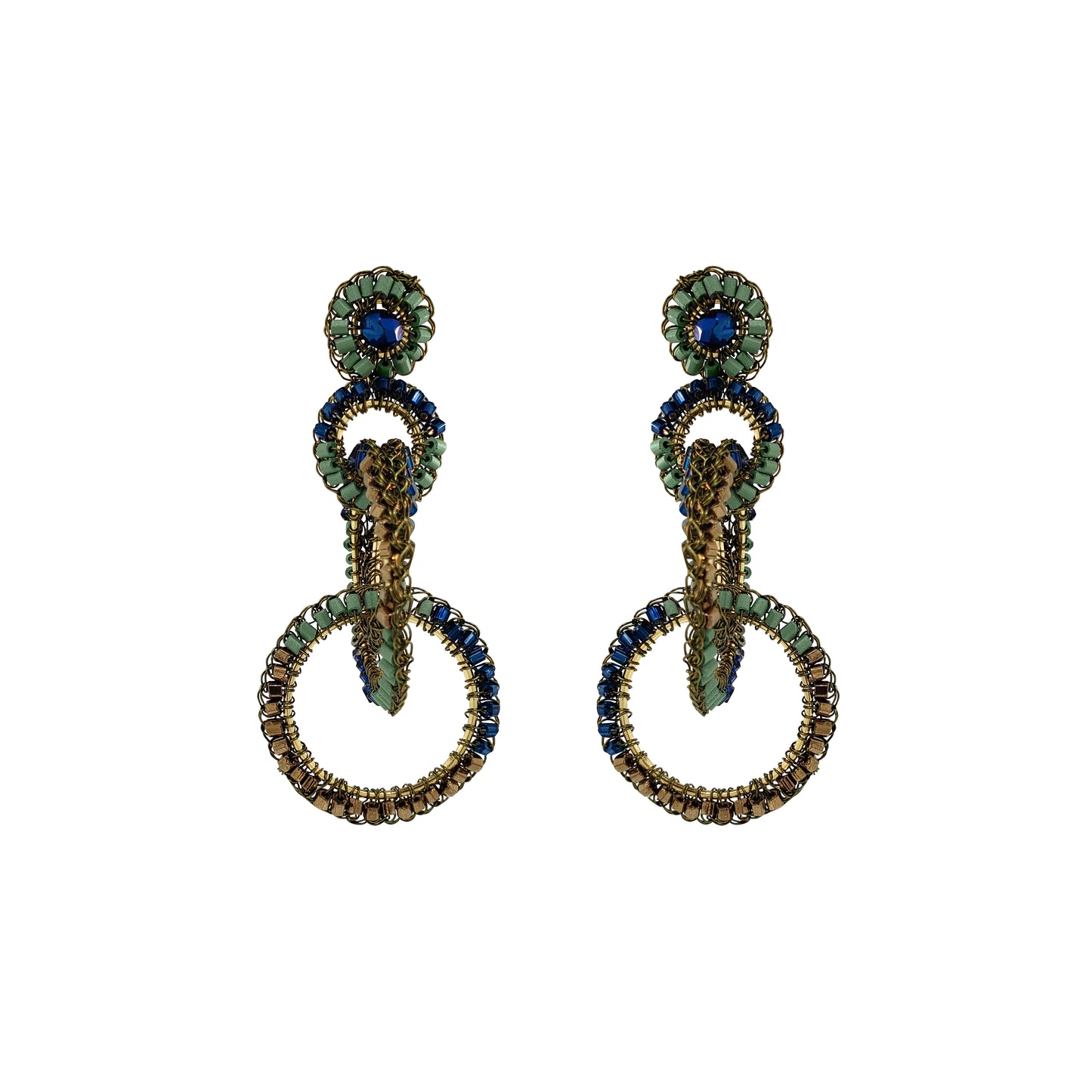 Shop Riviera Mix Grace Earrings, handcrafted in Brazil with interlocked crochet rings, sparkling beads and enameled wire in blue, sage green and bronze.