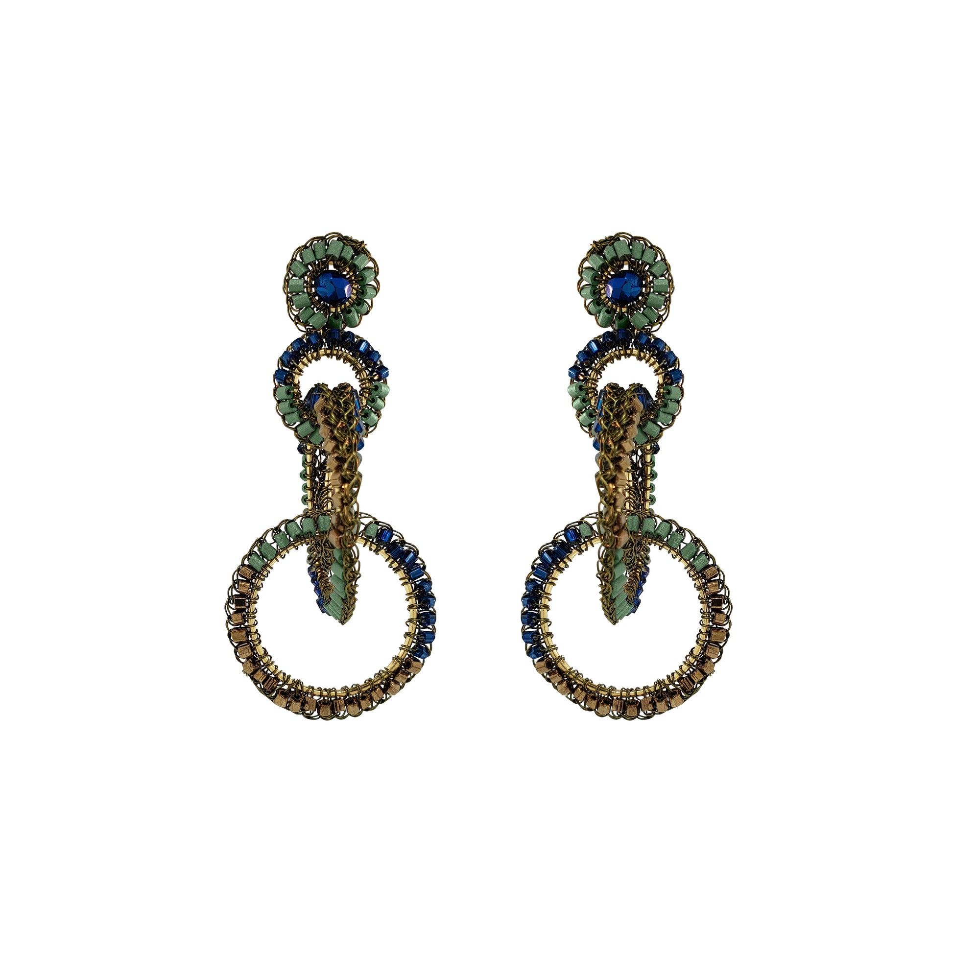 Shop Riviera Mix Grace Earrings, handcrafted in Brazil with interlocked crochet rings, sparkling beads and enameled wire in blue, sage green and bronze.
