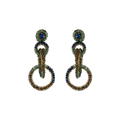 Shop Riviera Mix Grace Earrings, handcrafted in Brazil with interlocked crochet rings, sparkling beads and enameled wire in blue, sage green and bronze.