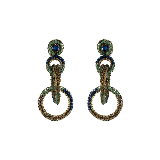 Shop Riviera Mix Grace Earrings, handcrafted in Brazil with interlocked crochet rings, sparkling beads and enameled wire in blue, sage green and bronze.