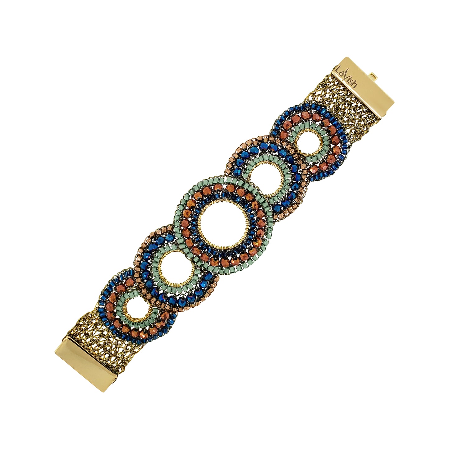 A gold-tone bracelet with a series of interlocking circular links adorned with blue, green, and orange rhinestones, shown on a plain white background. Discover the Riviera Mix Gush Bracelet, hand-crocheted in Brazil with 18K gold-filled wire, colorful crystals and an elegant circular design.
