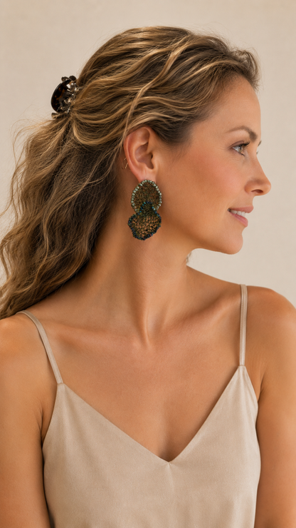 Riviera Mix Jasmine Duo handmade crochet earrings with layered floral shapes, sage green and deep blue bead accents, and 18 karat gold filled wire.