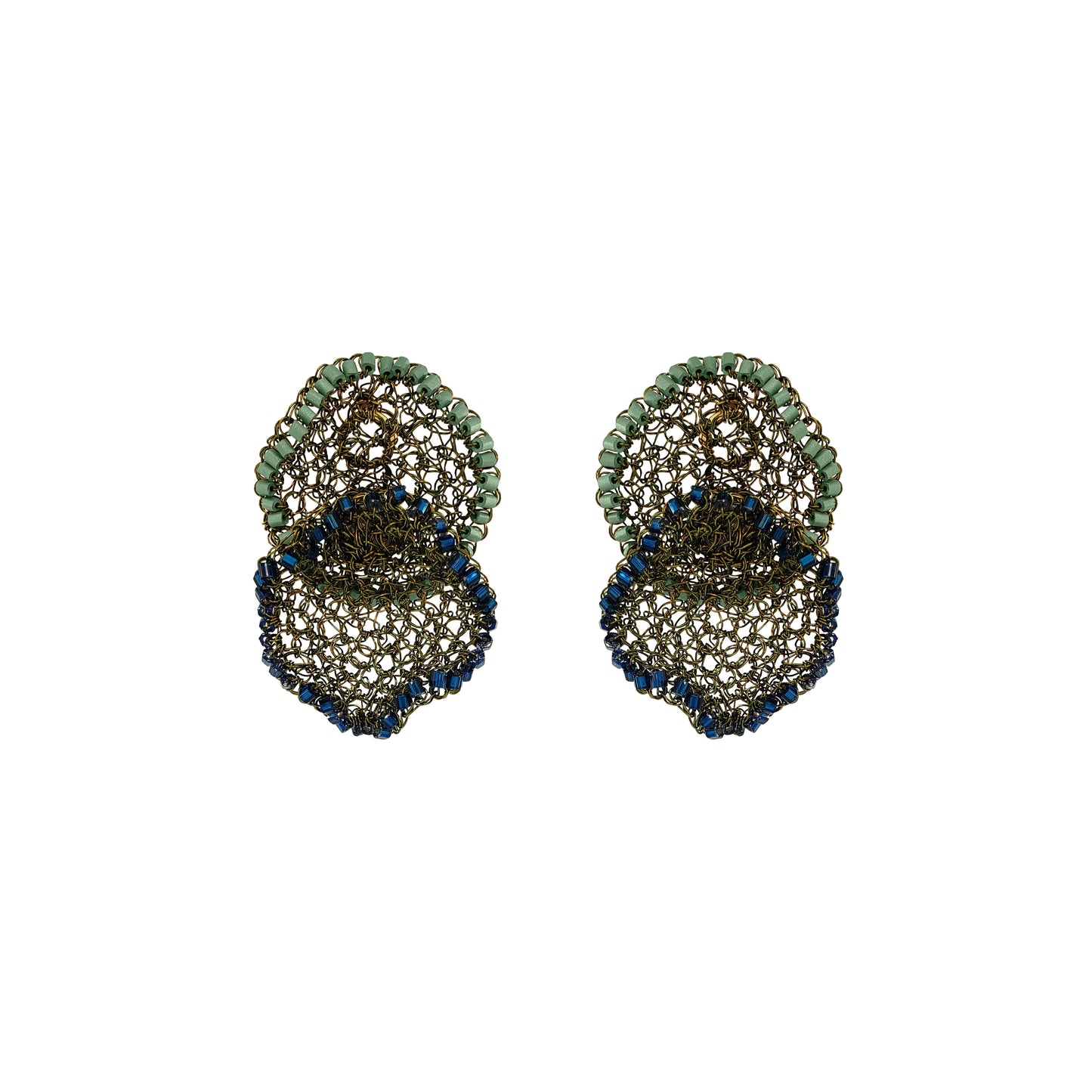 A pair of statement earrings featuring a three-tiered scalloped design with green beads on the top tier, a bronze-toned mesh center, and a bottom tier accented with dark blue beads, shown on a plain white background. Shop Riviera Mix Jasmine Duo Earrings, handcrafted in Brazil with 18K gold filled and enameled wire. Lightweight floral statement earrings in sage green and deep blue.