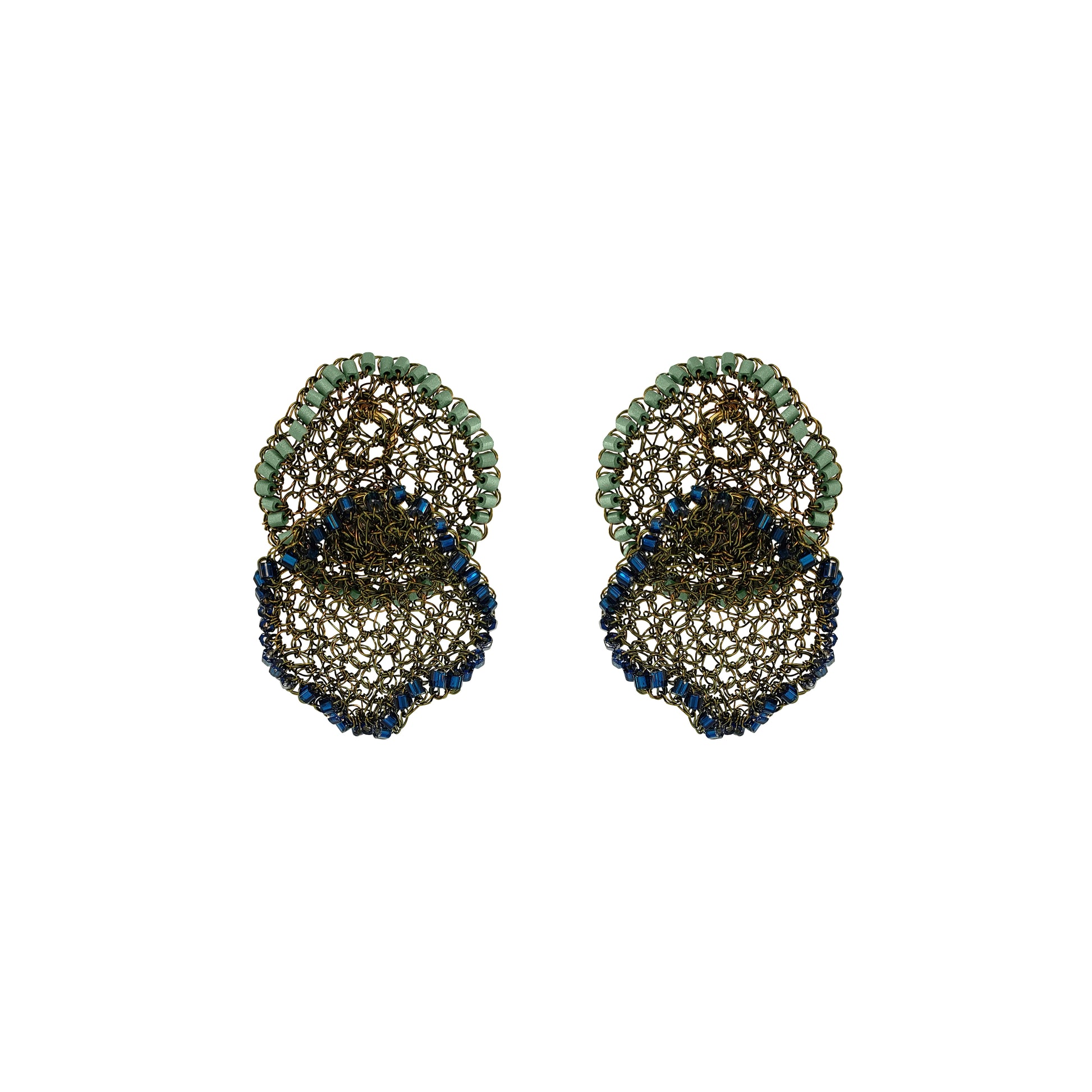 A pair of statement earrings featuring a three-tiered scalloped design with green beads on the top tier, a bronze-toned mesh center, and a bottom tier accented with dark blue beads, shown on a plain white background. Shop Riviera Mix Jasmine Duo Earrings, handcrafted in Brazil with 18K gold filled and enameled wire. Lightweight floral statement earrings in sage green and deep blue.