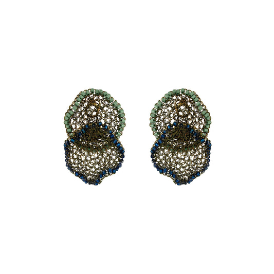 A pair of statement earrings featuring a three-tiered scalloped design with green beads on the top tier, a bronze-toned mesh center, and a bottom tier accented with dark blue beads, shown on a plain white background. Shop Riviera Mix Jasmine Duo Earrings, handcrafted in Brazil with 18K gold filled and enameled wire. Lightweight floral statement earrings in sage green and deep blue.