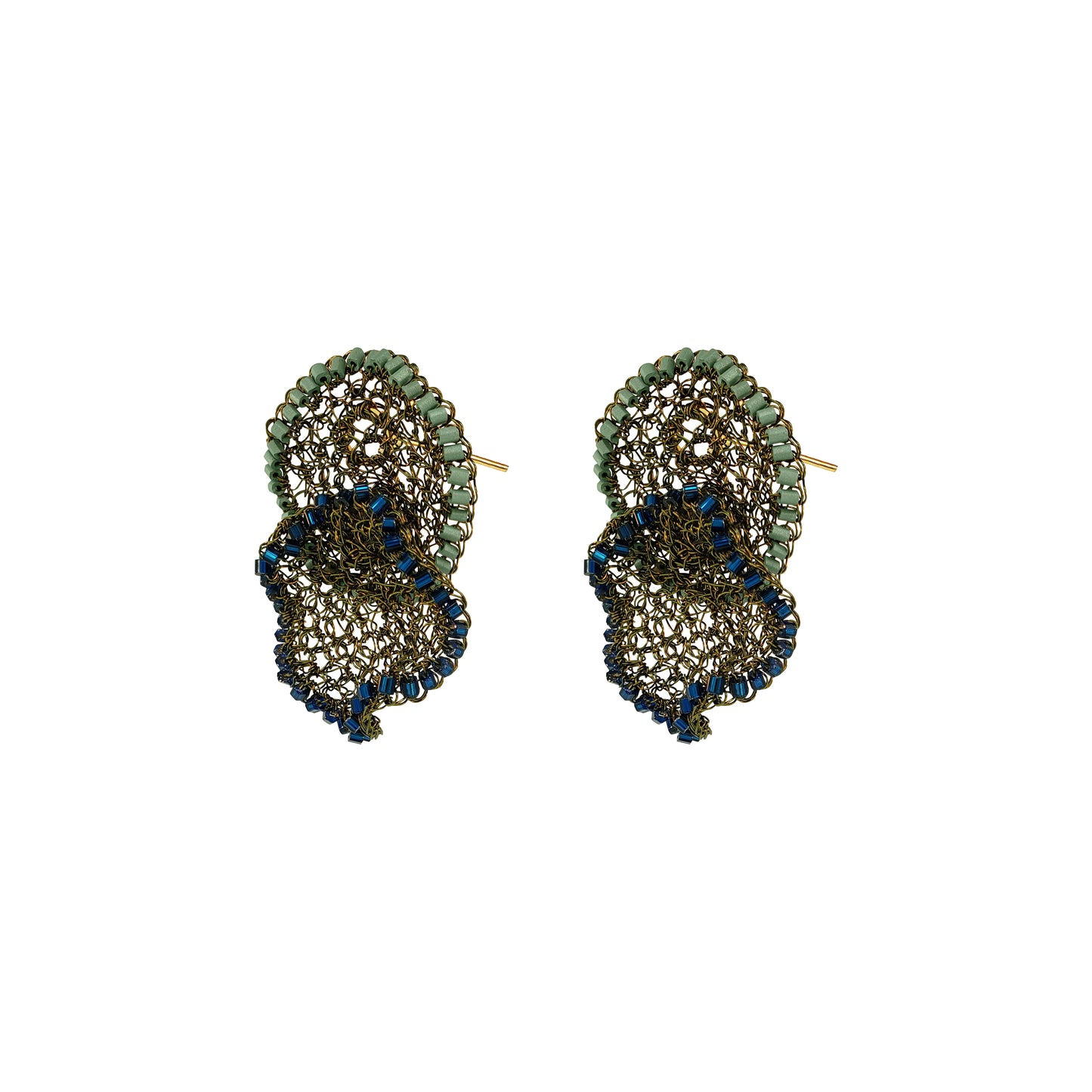 A pair of gold-toned drop earrings featuring textured, scalloped layers of green and dark blue rhinestones on a plain white background.