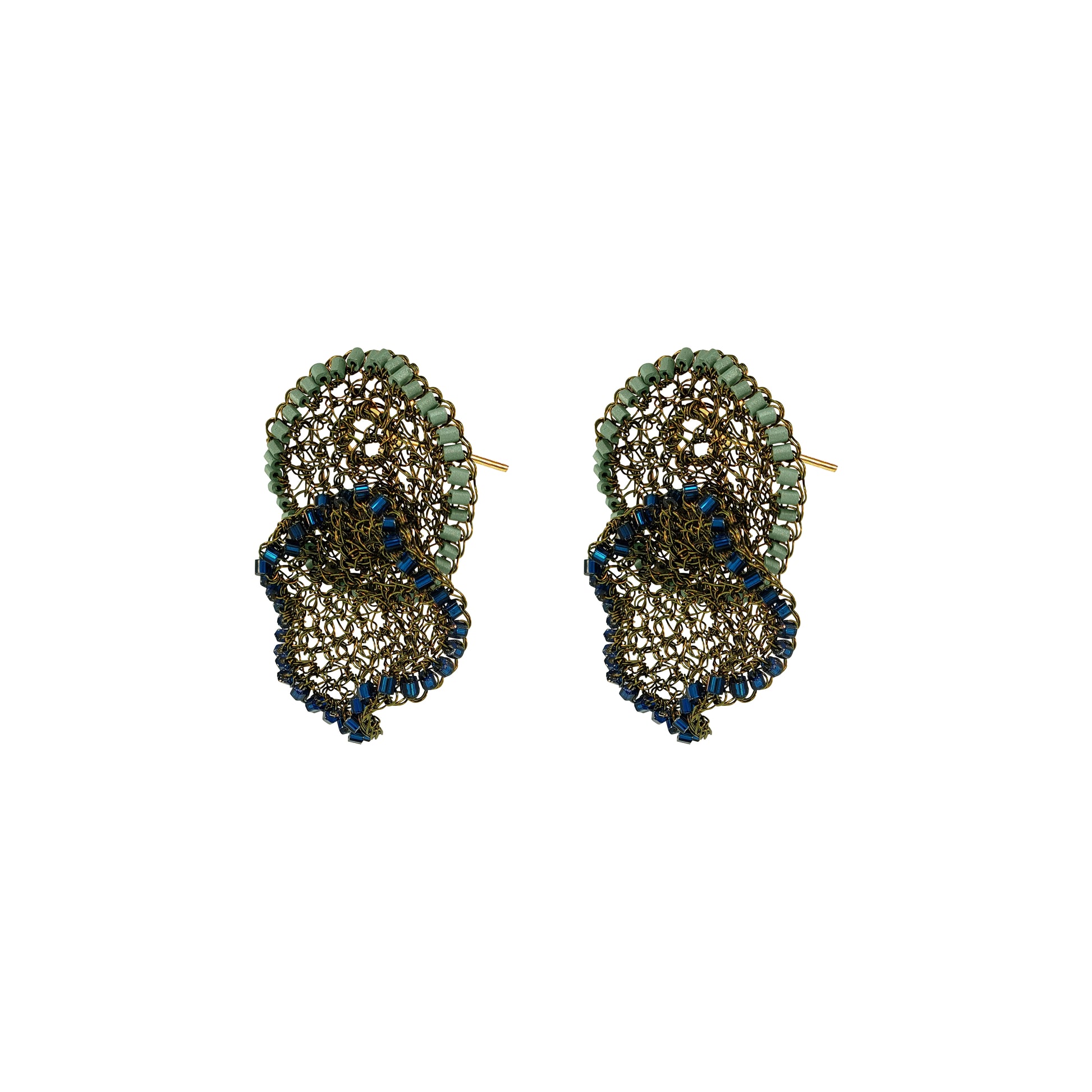 A pair of gold-toned drop earrings featuring textured, scalloped layers of green and dark blue rhinestones on a plain white background.