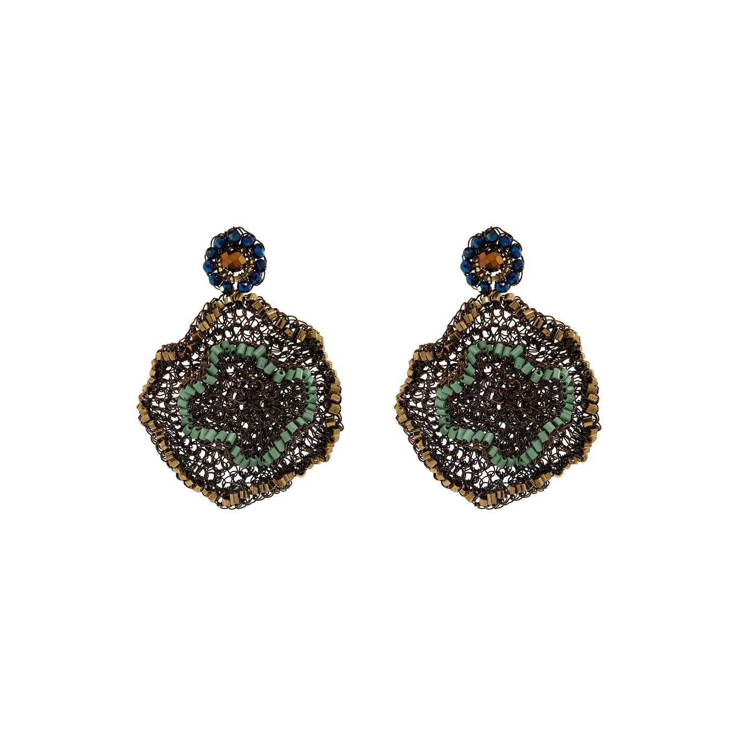 Pair of gold earrings on a white background. Riviera Mix Jasmine handmade crochet earrings featuring sculptural floral drops in gold, soft green and deep blue with sparkling crystal accents.