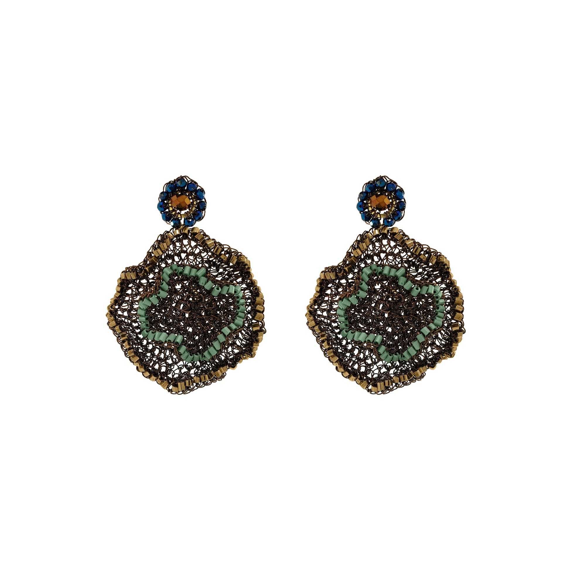 Pair of gold earrings on a white background. Riviera Mix Jasmine handmade crochet earrings featuring sculptural floral drops in gold, soft green and deep blue with sparkling crystal accents.